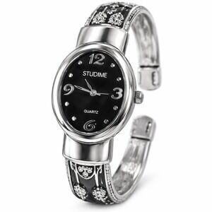 Studio Time Womens Bangle Watch Black Enamel Rhinestone Silver Tone STD952T PC21